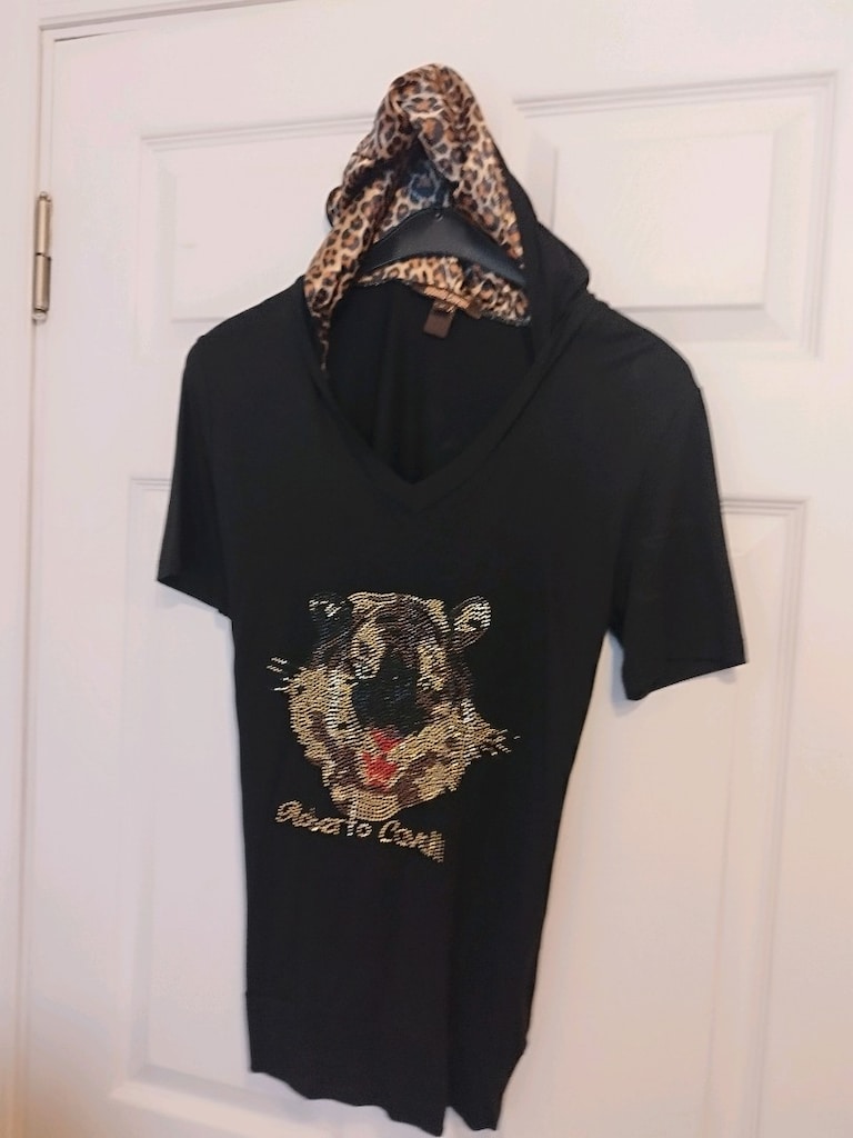 leopar kapşonlu siyah t-shirt m beden - 2