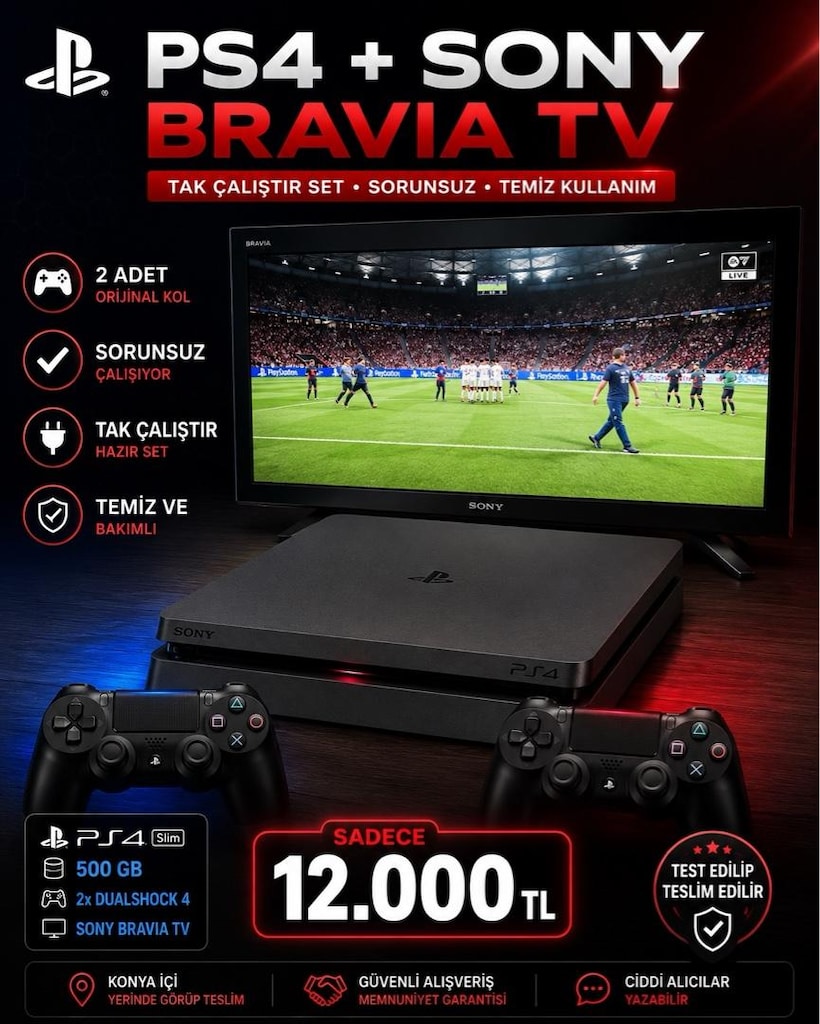 PS4 Mat Kasa + 2 Orijinal Kol + Sony Bravia TV | Sorunsuz Set