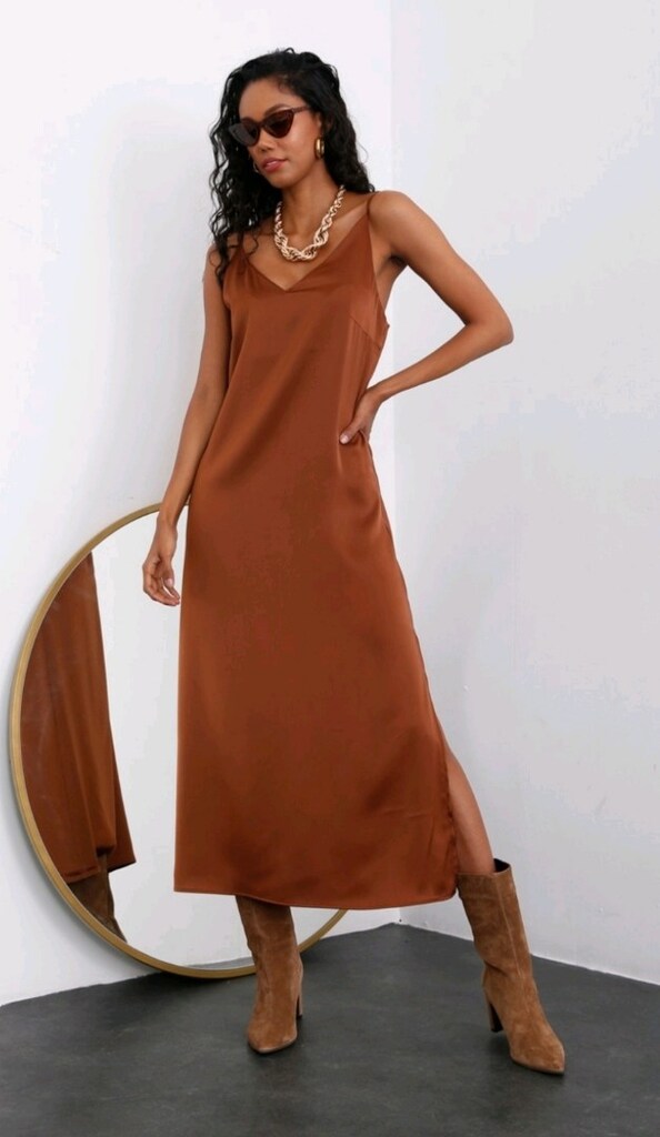 KAHVE TABA İP ASKILI SATEN MİDİ ELBİSE S zara mango koton - 4
