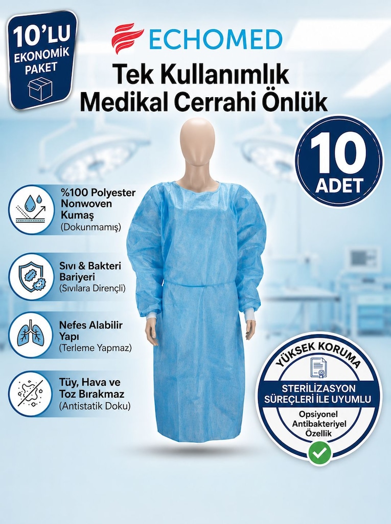 ECHOMED 10'lu Paket Tek Kullanımlık Medikal Cerrahi Önlük
