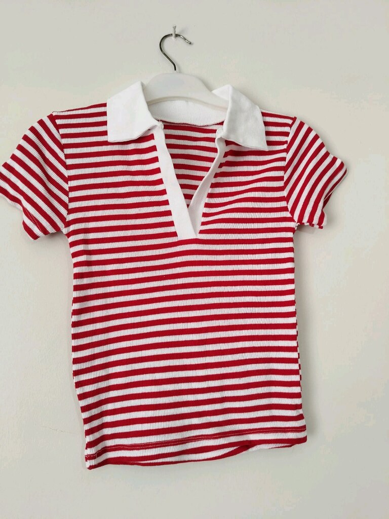Kırmızı Beyaz Çizgili Polo Yaka Tişört - 5