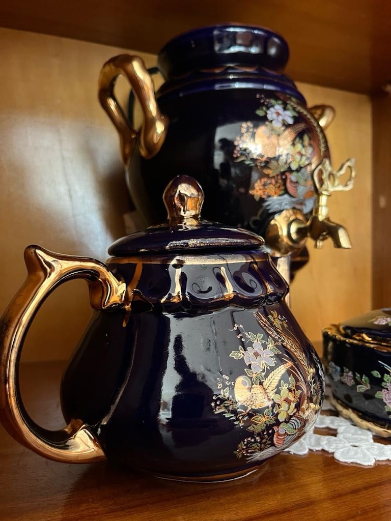 Vintage Lacivert Seramik Semaver Takımı – 3 Parça Dekoratif Nostaljik - 6