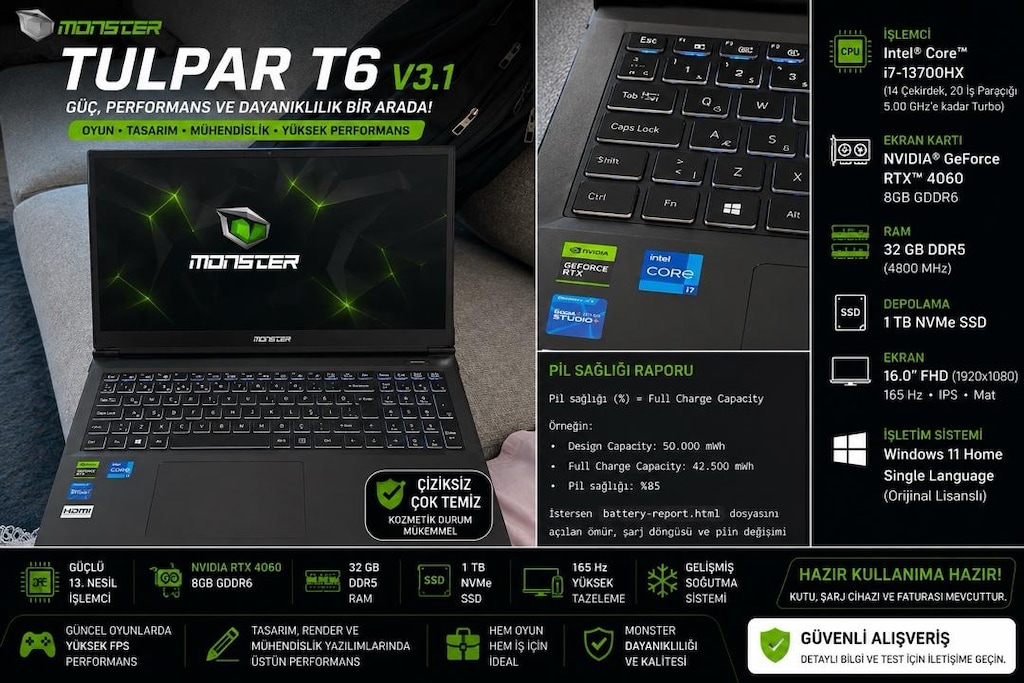 Monster Tulpar T6 V3.1 | i7-13700HX | RTX 4060 8GB | 32GB RAM | 1TB SS - 2