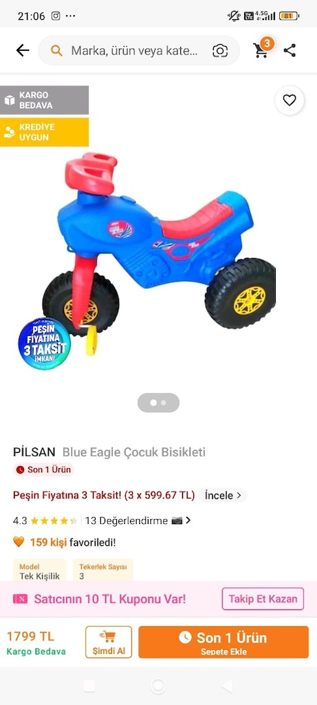 Pilsan Blue Eagle Çocuk Bisikleti 3 Tekerli - 2