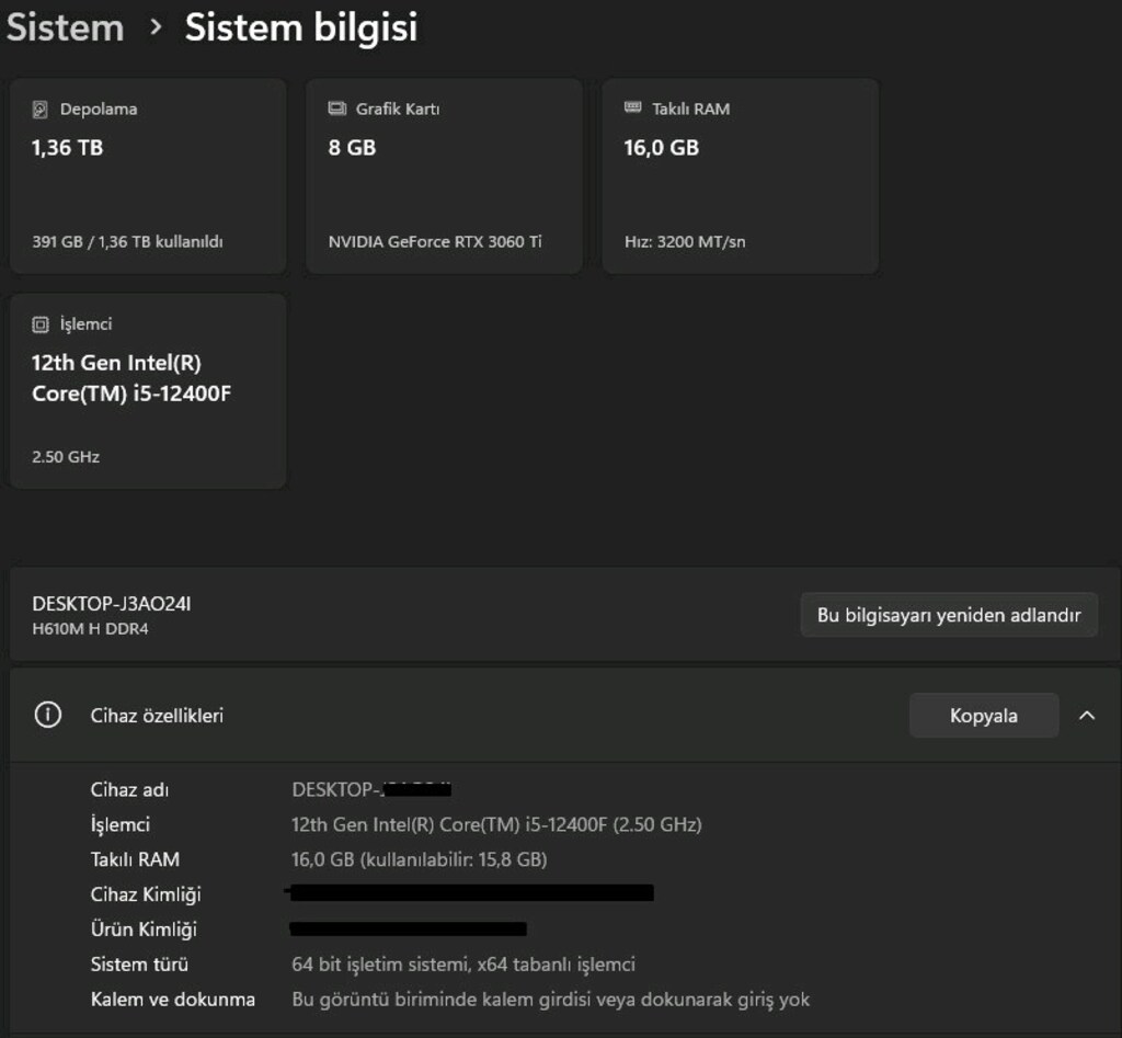 i5 12400F - RTX 3060 Ti GDDR6X - 16GB RAM - 500GB M.2 SSD Oyuncu Bilgi - 4