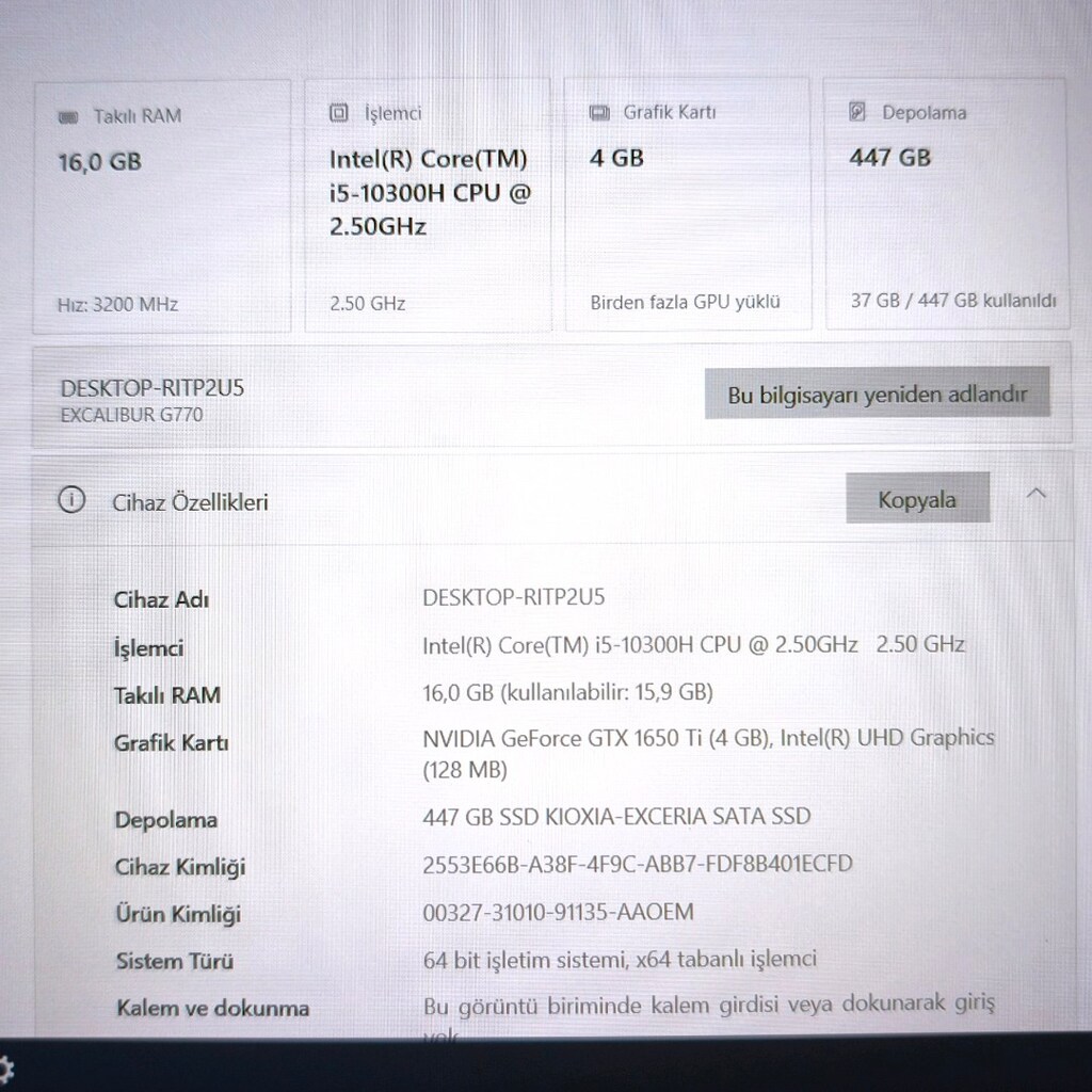 Casper Excalibur / 4 Gb Gtx1650ti / 16 Ram / 500 Ssd / Gaming Laptop - 12