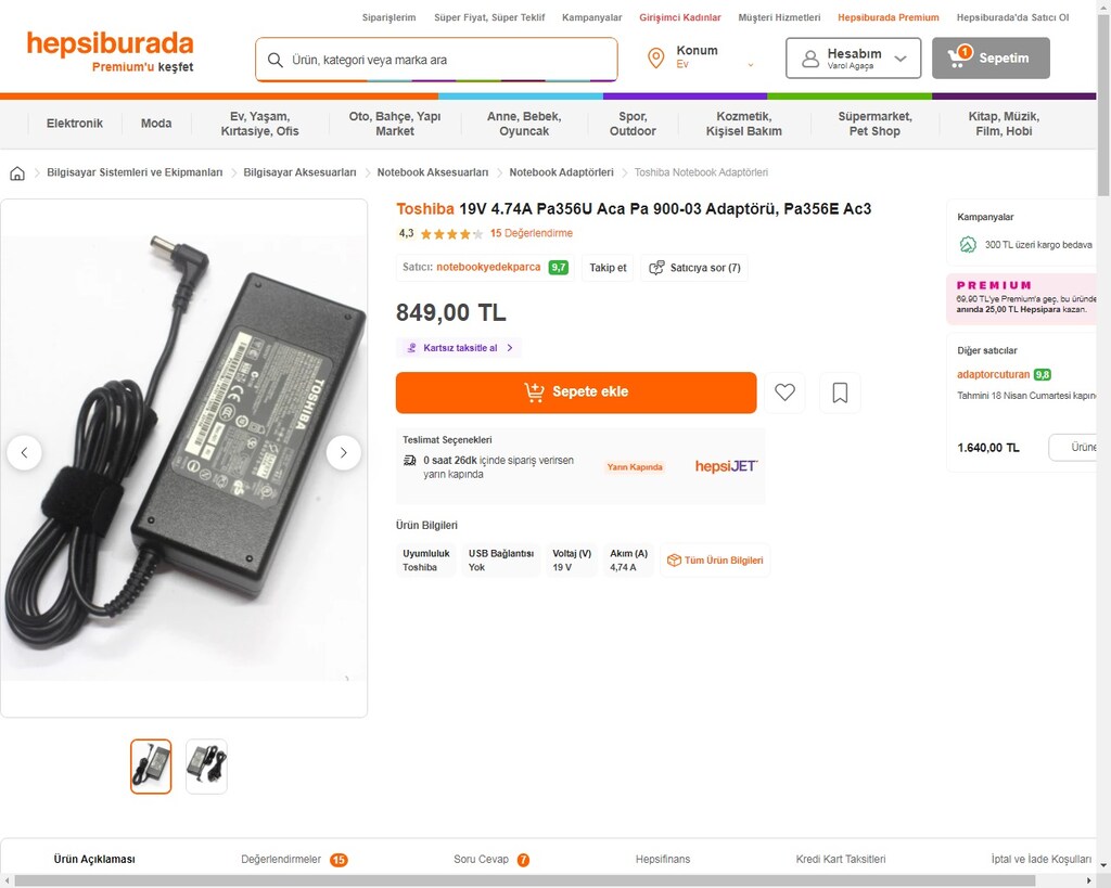 Orjinal Toshiba 15v - 5a Adaptör (İğne Pinli Soket) - 7
