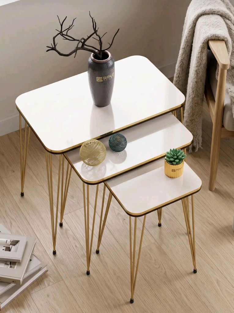 Klasik Kare Beyaz Model 3 lü Zigon Sehpa - 4