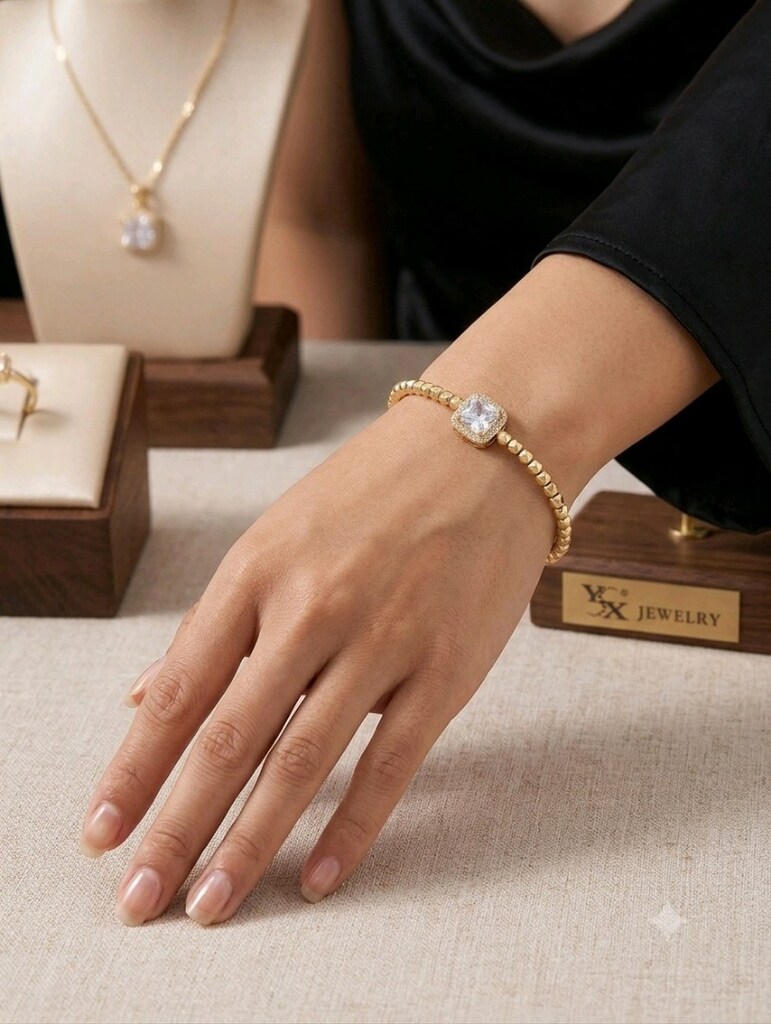 Sıfır YSX Jewelry Kare Tek Taşlı Altın Rengi Bileklik - 3