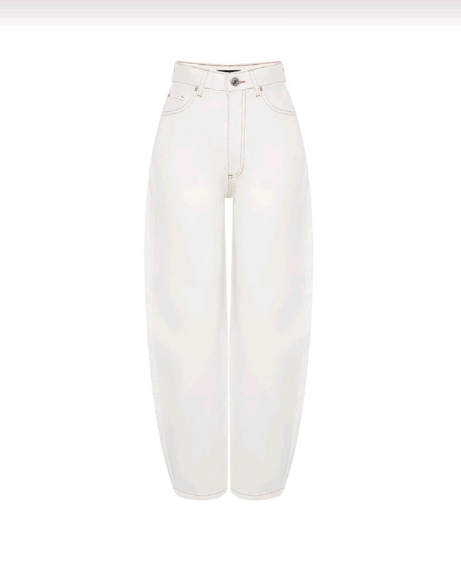 Yüksek Bel Barrel Baggy Kot Pantolon Beyaz/Ekru %100 Pamuk XL - 8