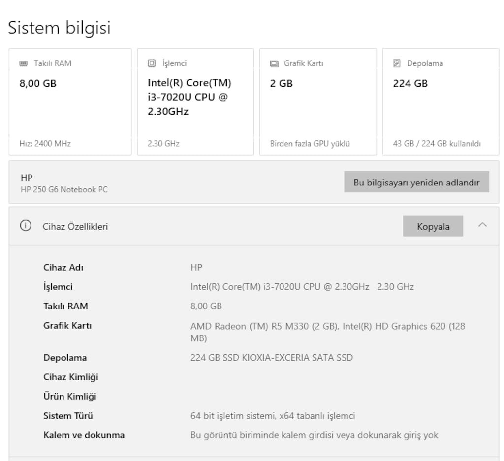 HP 250 G6 15.6 I3-7020U 2GB AMD M330 8GB RAM 240 GB SSD - 5