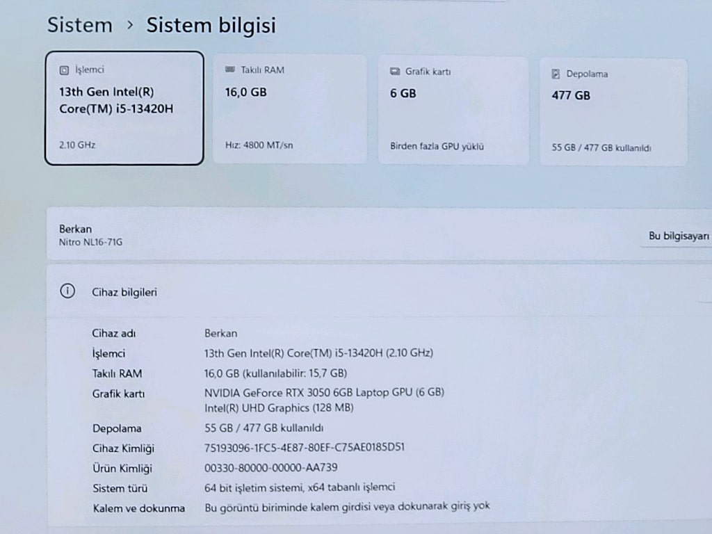 Acer i5 13420H RTX 3050 6GB 512GB SSD 16GB DDR5 Ram Garantili Gaming - 6