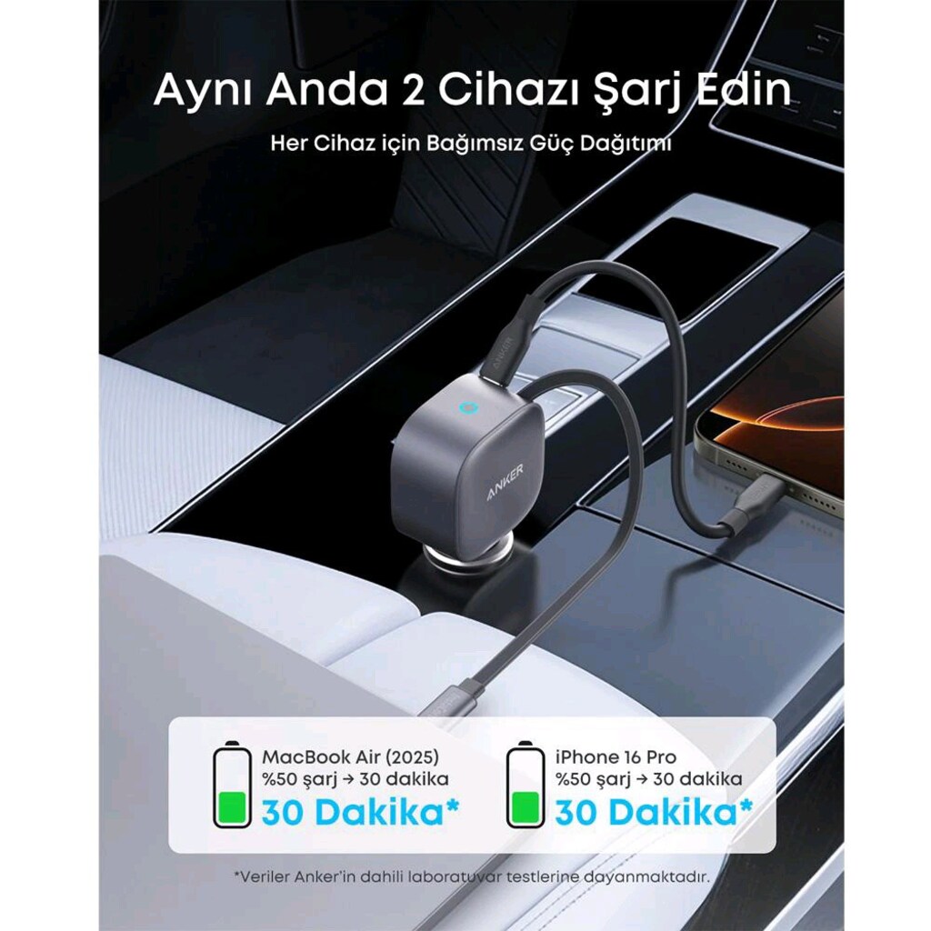Anker 75W Nano A2738 ●(45W+30W) Type-C Kablolu Hızlı Araç Şarj Aleti - 5