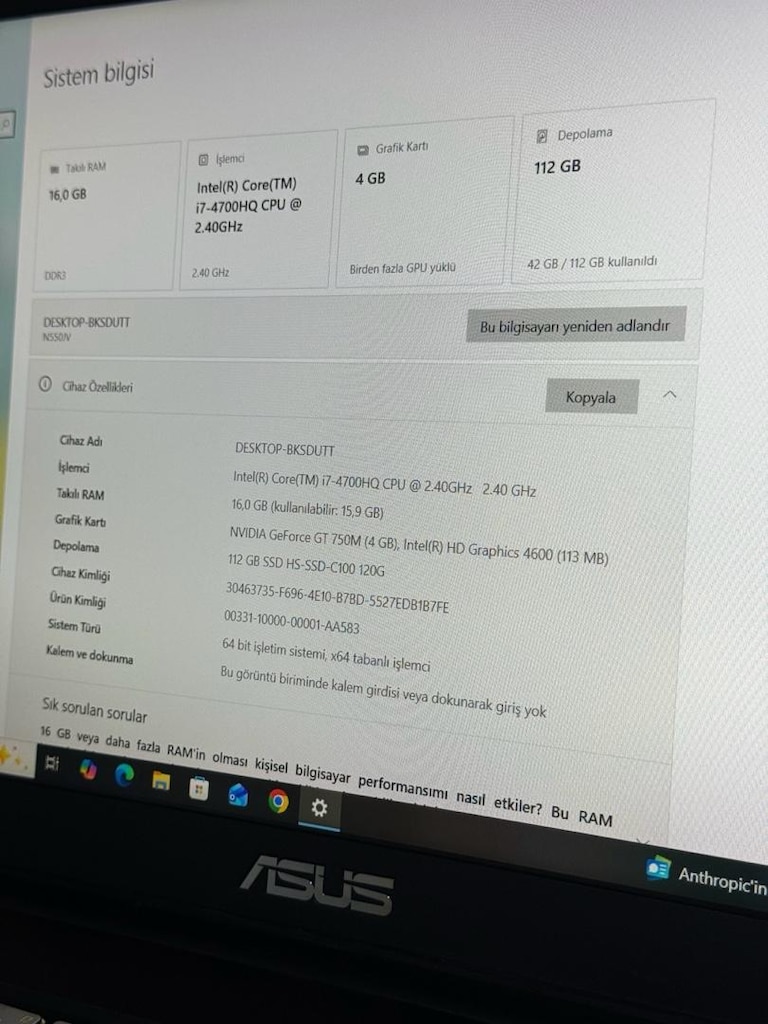 Asus N550JV Intel Core i7-4700HQ 16 GB Ram 4 GB NVIDIA GeForce GT 750 - 2