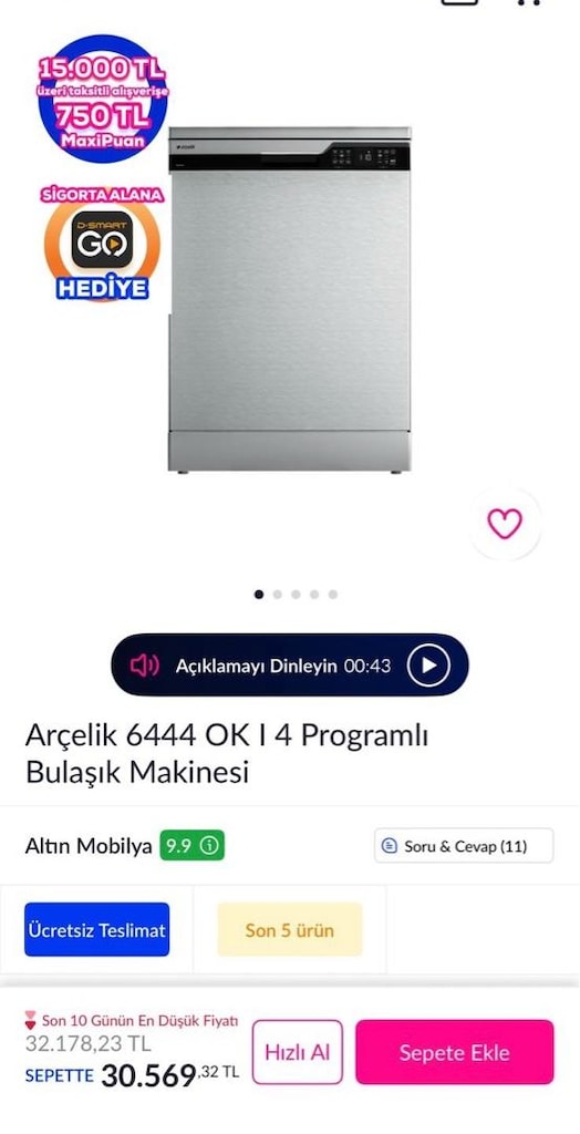 Arçelik Bulaşık Makinesi 6444 OK 4 Programlı - 6