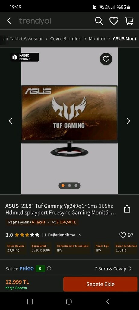 ASUS 23.8" Tuf Gaming Vg249q1r 1ms 165hz Hdmi,displayport Freesync Gam - 3