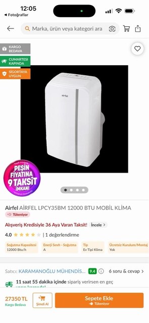 airfel 1200 taşınabilir klima