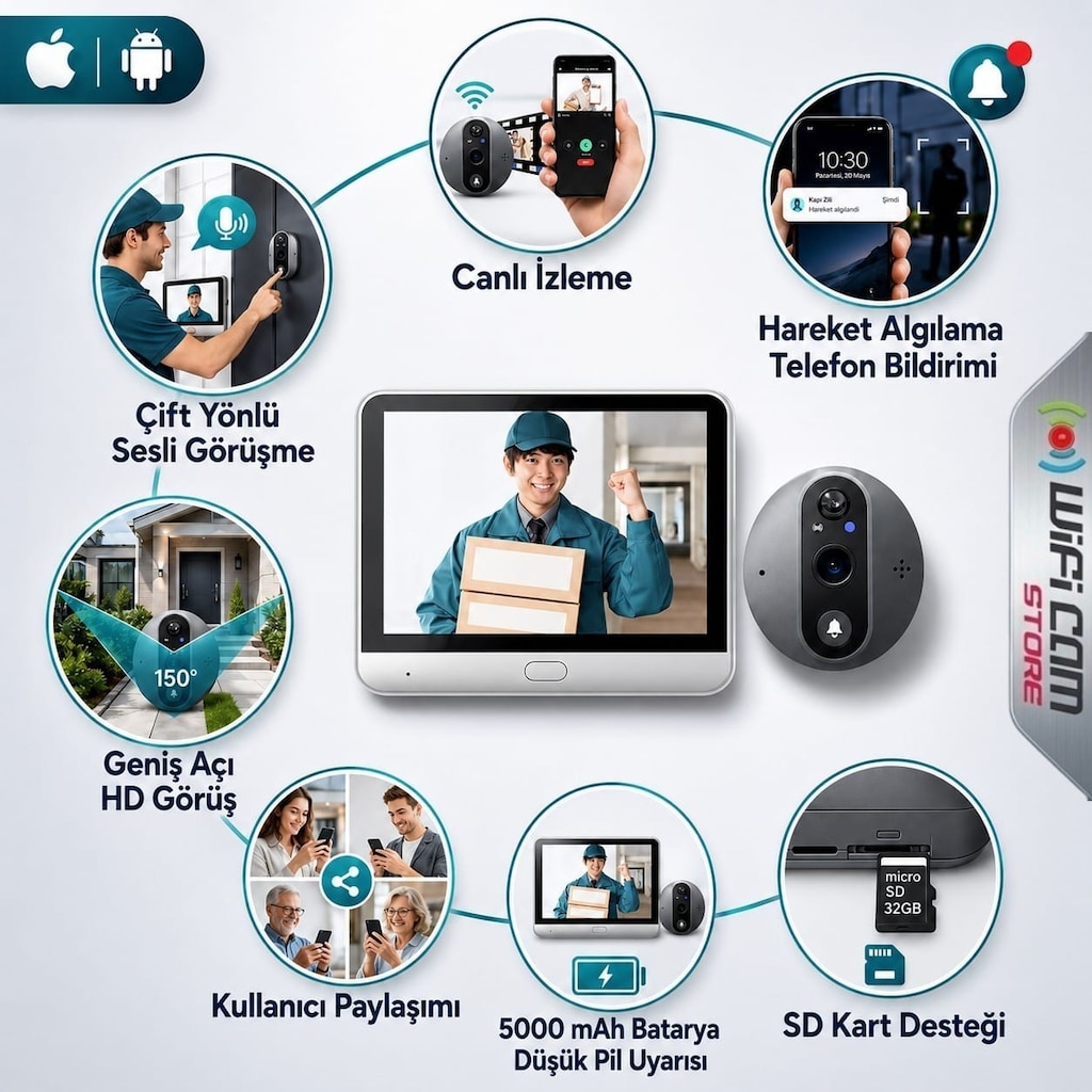 Tuya Smart Ekranlı Akıllı Kapı Dürbün Kamerası - 8