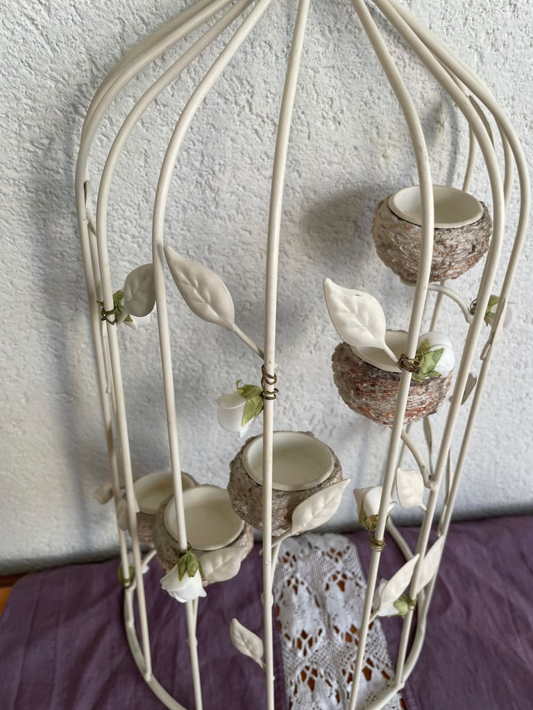 Vintage Duvar Askılı Ferforje Kuş Kafesi Şamdan Tealight Mumluk Beyaz - 2