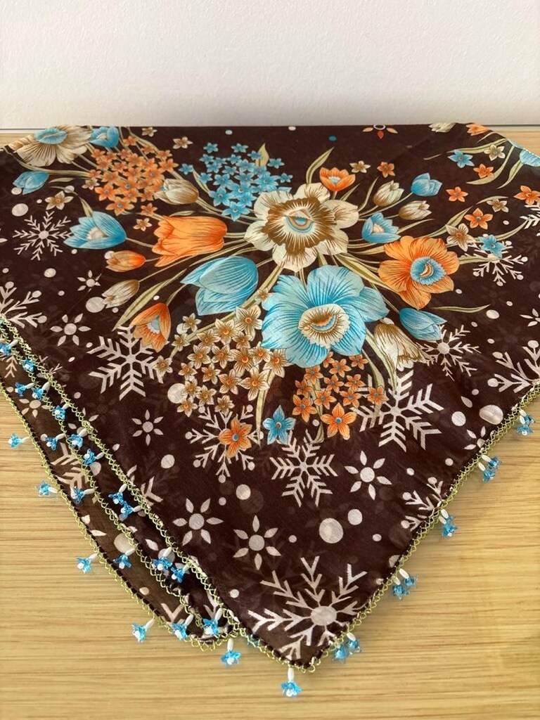 Boncuklu iğne oyalı tülbent yazma yemeni başörtüsü - 8