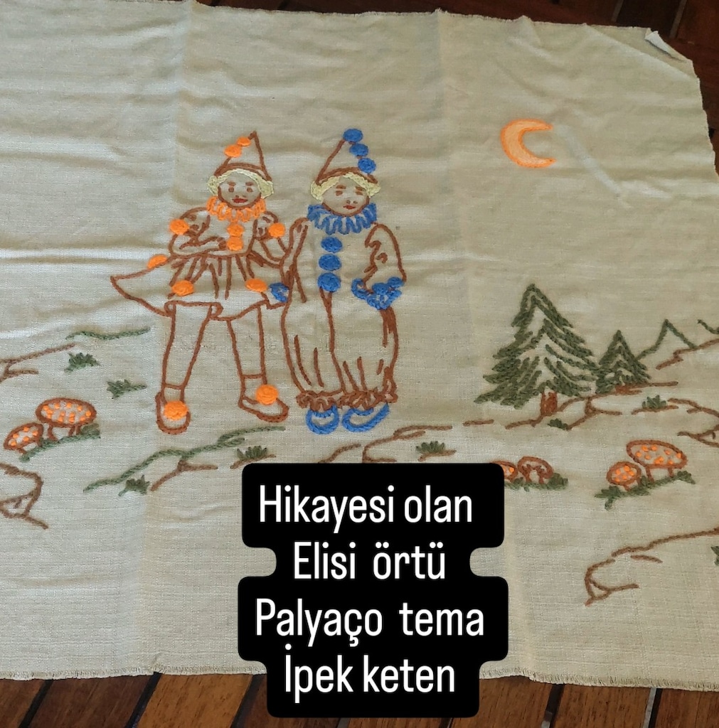 AVRUPA IPEK KETEN ÜZERİ ELİSİ IGNE NAKIŞI PALYACOLAR TEMALI SİFİR ÜRÜN - 3