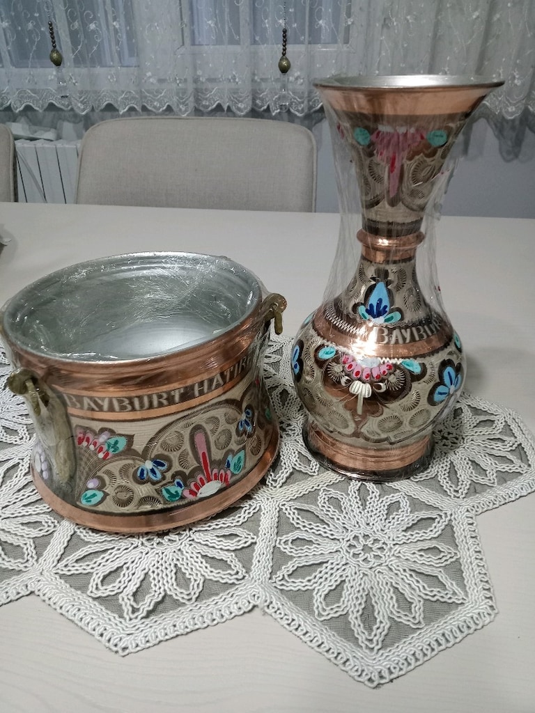Bakır işlemeli vazo ve kulplu yoğurt bakracı - 3