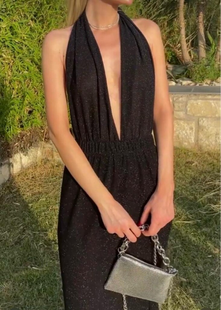 Yasemin Karagülle Convertable Simli Siyah Elbise - 4