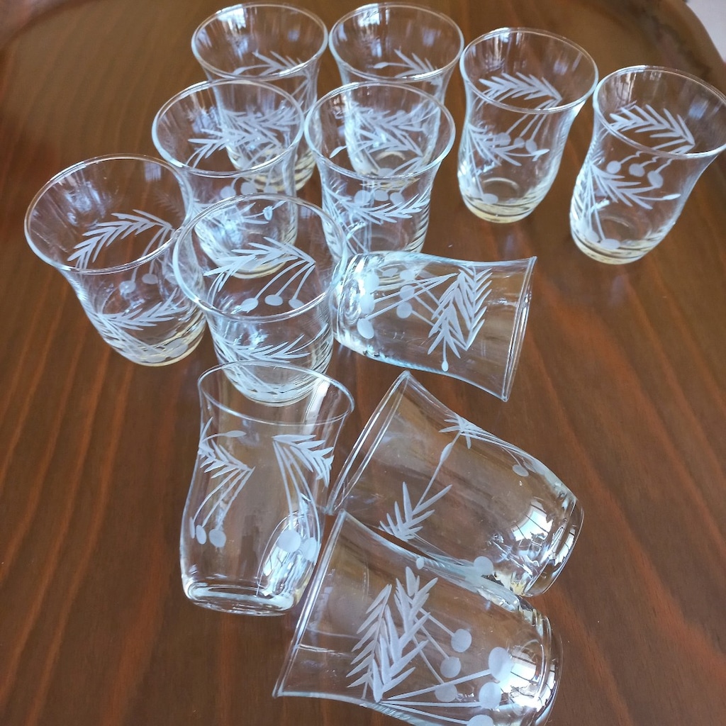 Vintage Toprak marka ince cam kesme çay bardağı - 12
