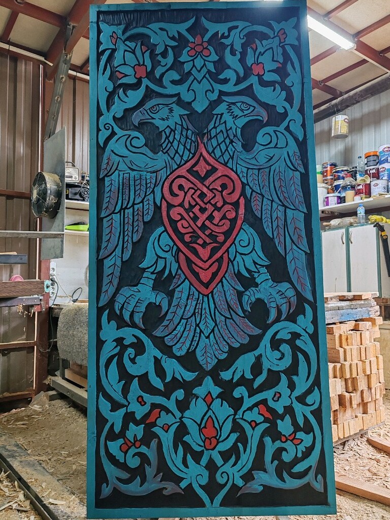 Tamamı el oyması ile işlenmiş eski kapı Selçuklu kartalı 94/210 cm. - 4