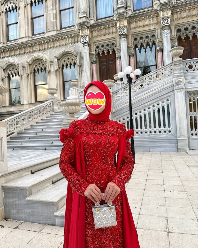 Özel Dikim Kırmızı Taşlı Tesettür Abiye Elbise (Pelerinli/Pelerinsiz) - 8