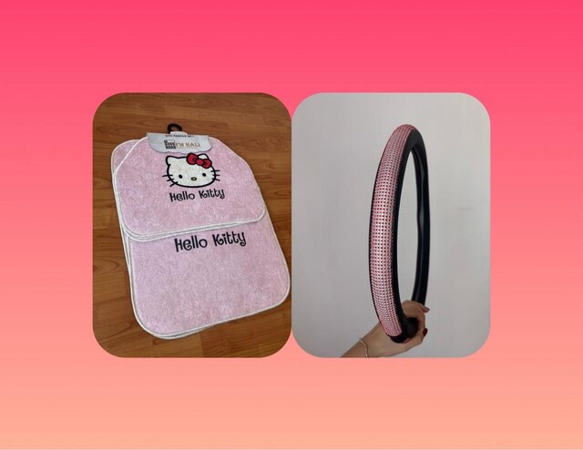 Hello Kitty pembe oto paspas seti ve Kırmızı Taşlı Direksiyon Kılıfı