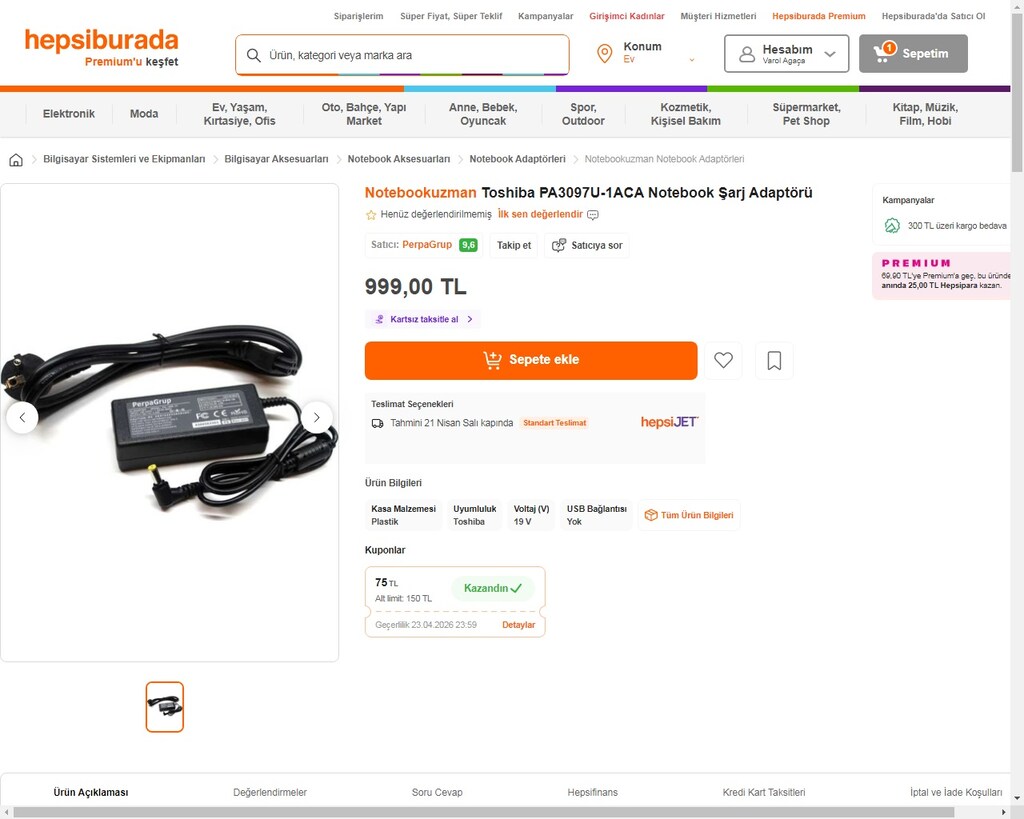 Orjinal Toshiba 19v - 4.74a Notebook Adaptör - 7