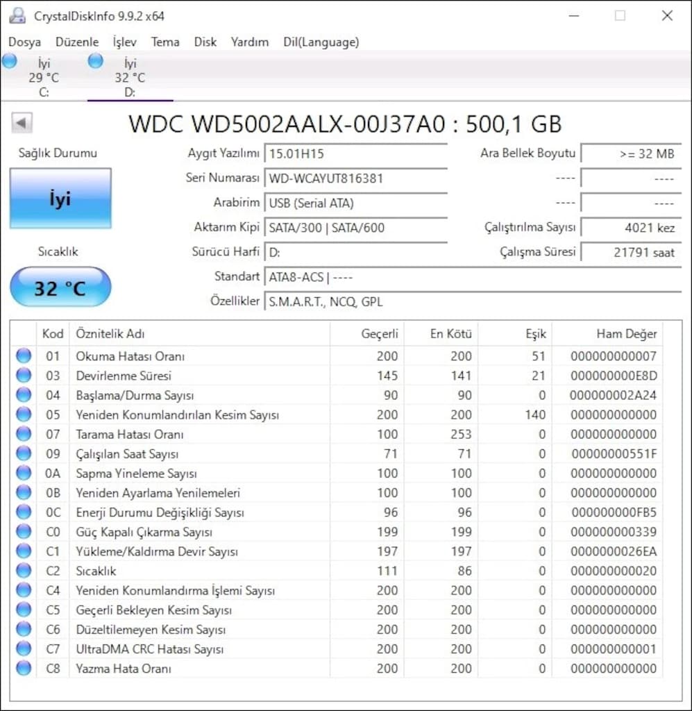 Western Digital Caviar Black WD5002AALX Sağlık İyi - 2