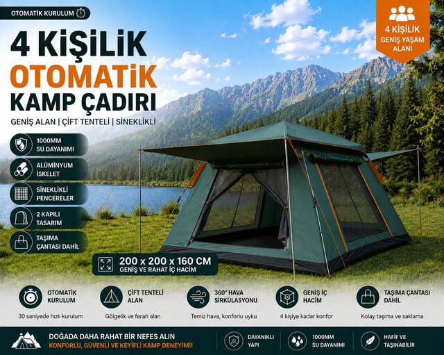 4 Kişilik Otomatik Açılır Kamp Çift Tenteli Sineklikli Çadır