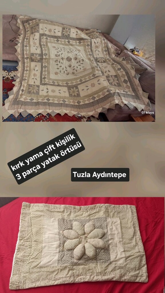 40 yamalı nostaljik çift kişilik 3 parça yatak örtüsü - 3