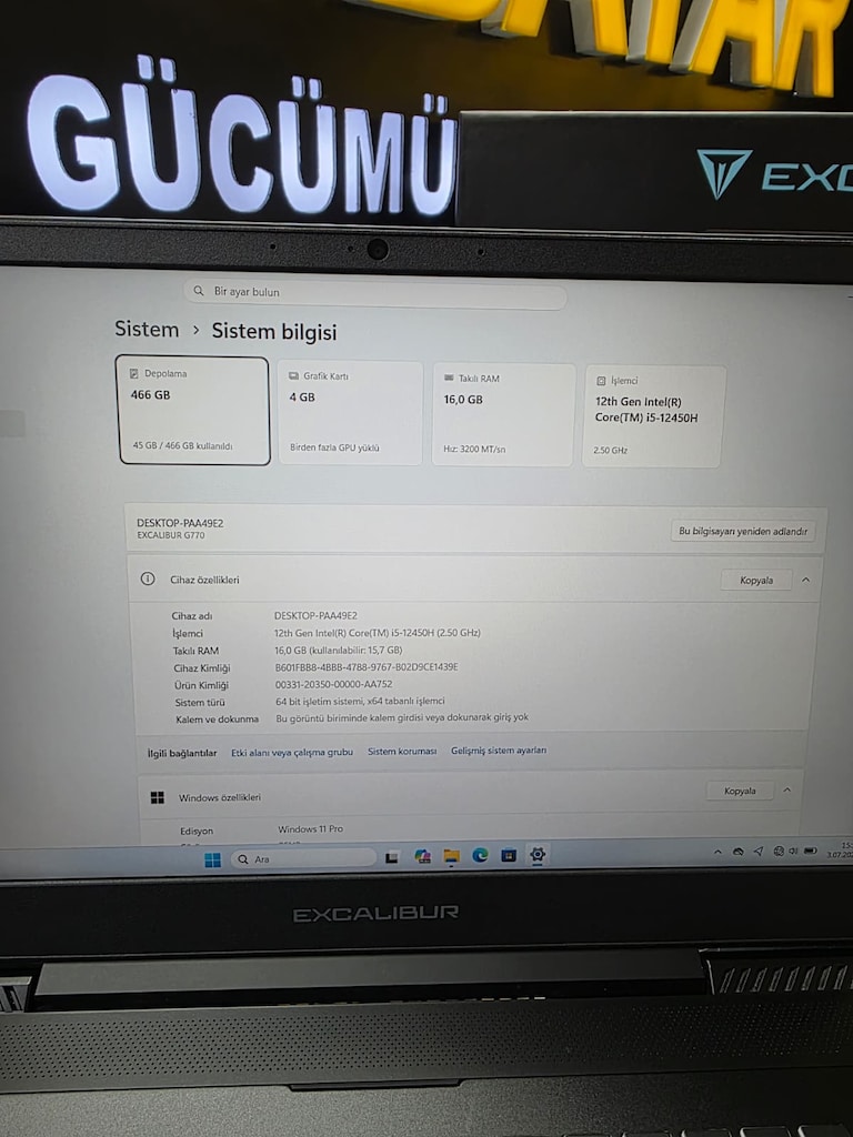 EXCALİBUR İ5 12450H 16 GB RAM RTX3050 512GB SSD SIFIRDAN FARKSIZ - 9