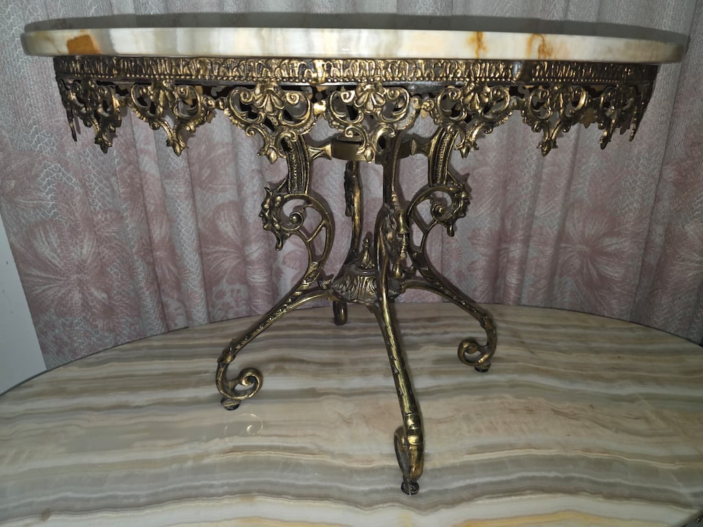 Antika / Vintage Pirinç Döküm Gövdeli Oniks Mermer 3'lü Sehpa Takımı - 6