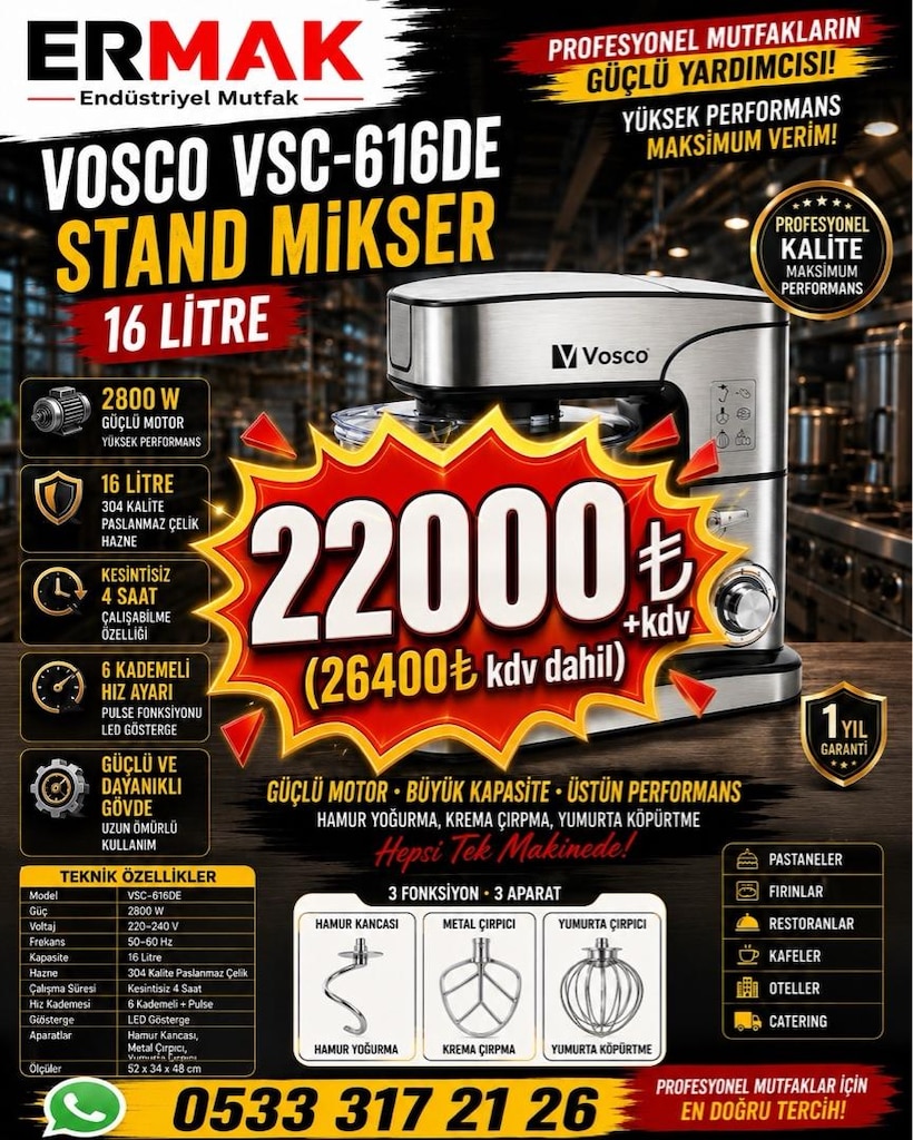 VOSCO VSC-616DE STAND MİKSER – 16 LİTRE - 3