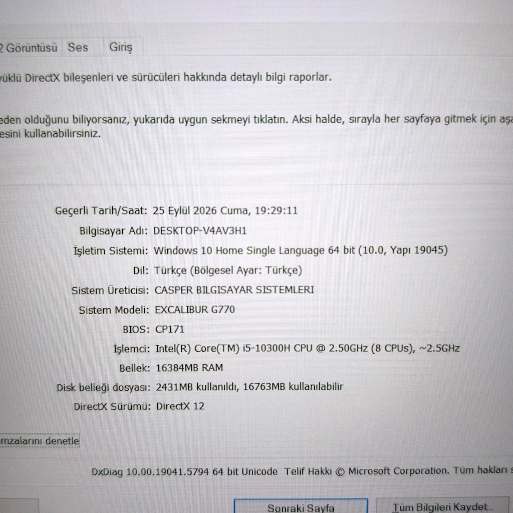 CASPER EXCALİBUR / 16 RAM / 500 SSD / 4 GB GTX 1650Tİ / GAMİNG - 7
