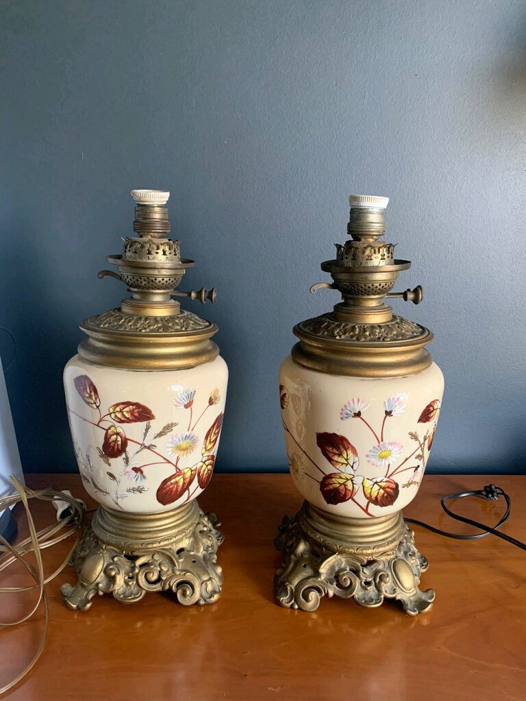 1900-1910 Victoria Dönemi, Porselen Antika 2li Parlor Lamba. - 2