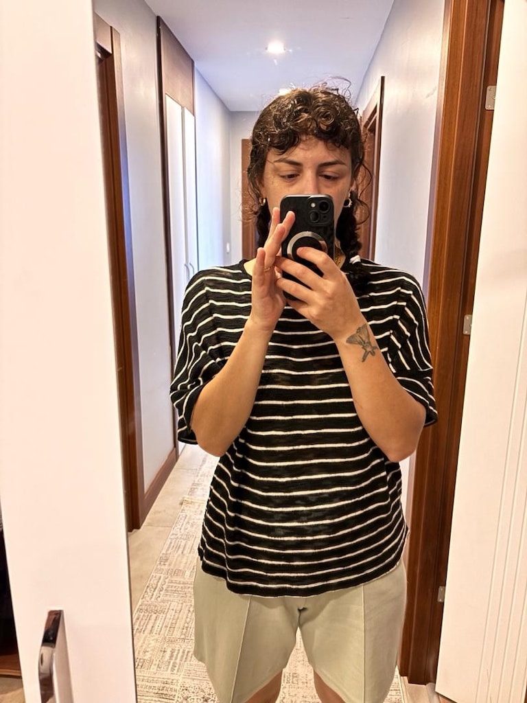 Mango M Beden Siyah Beyaz Çizgili Salaş Bluz