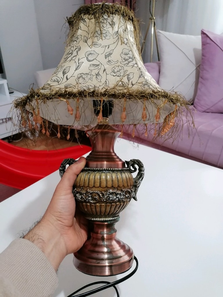 Vintage Retro Tarz Püsküllü Kumaş Bakır renk Dekoratif Abajur - 4