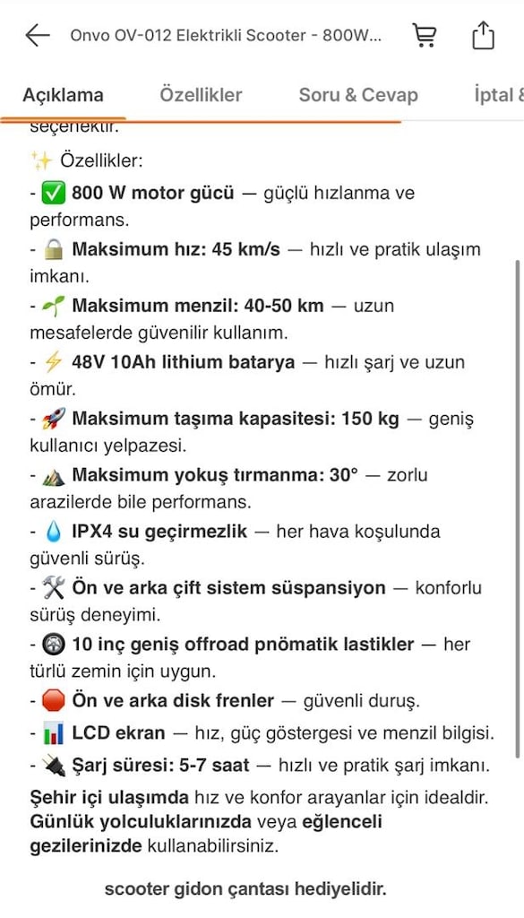 ACİL! 1.5 YIL GARANTİLİ 0Km SADECE PAKETİ AÇILMIŞ ONVO SCOOTER - 7