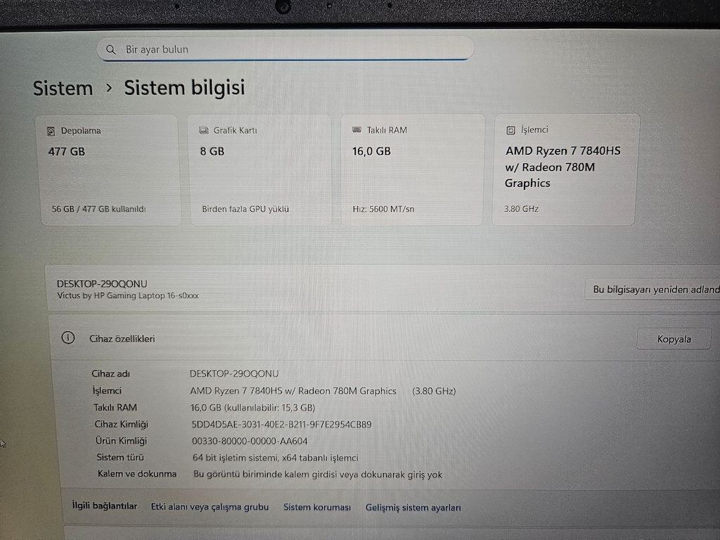 HP VİCTUS + RYZEN 7 7840HS + RTX 4070 8 GB + FATURALI GARANTİLİ - 8