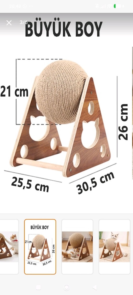 Büyük Boy XXL Hasır Kedi Tırmalama Topu | Ahşap Standlı | 26 cm - 6