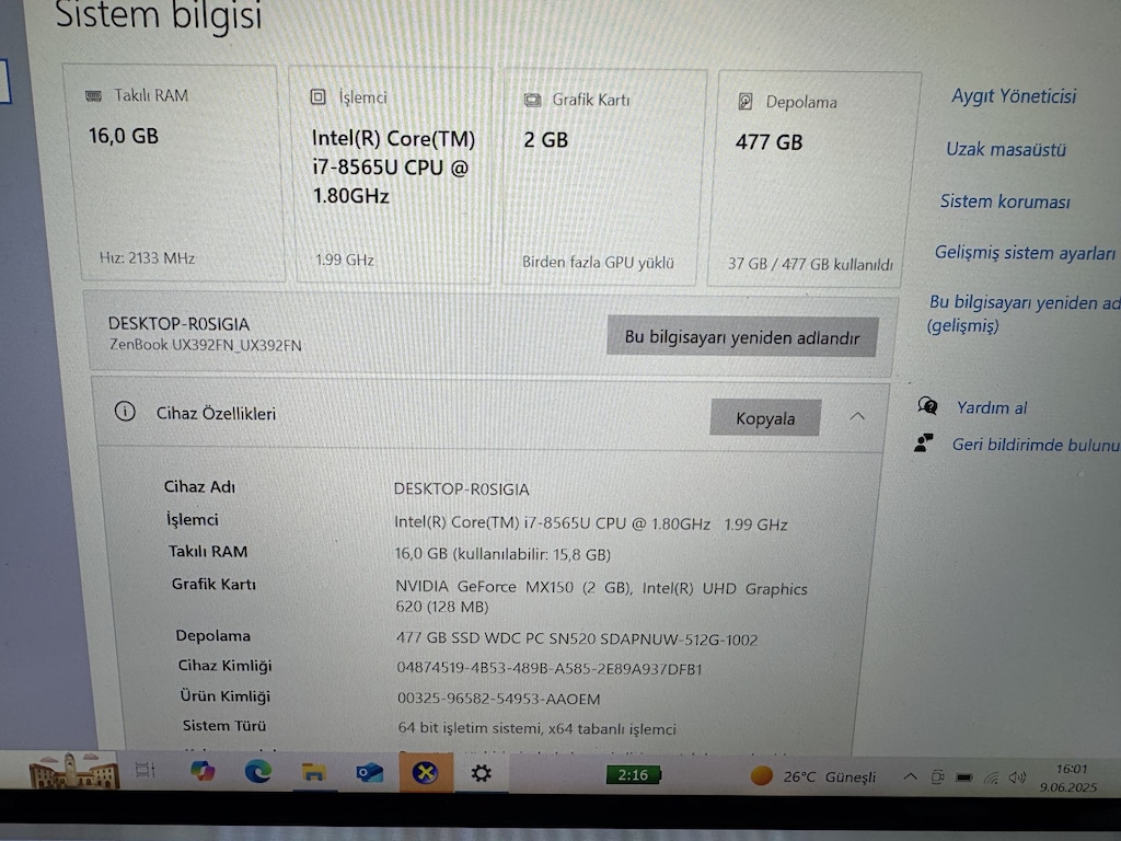 ASUS ZENBOOK İ7 8. NESİL 16 GB RAM 512 M2SSD MX150 - 5