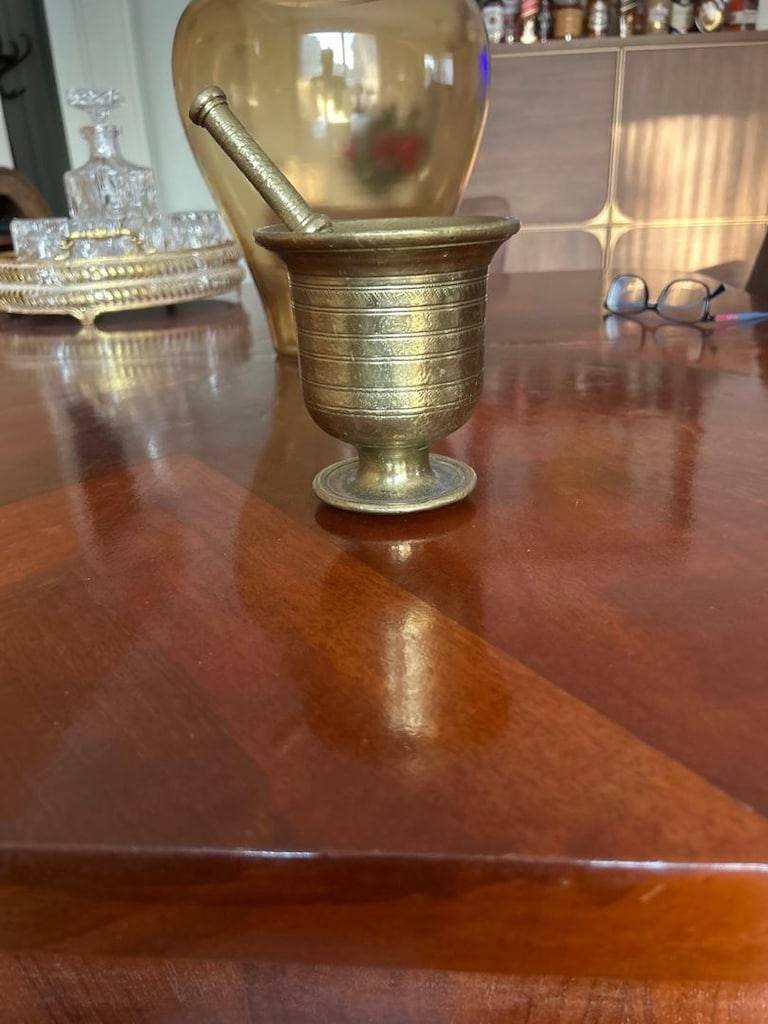 VİNTAGE 1820 GR (1,82 KG) MASİF SARI PİRİNÇ HAVAN VE HAVAN KOLU - 3
