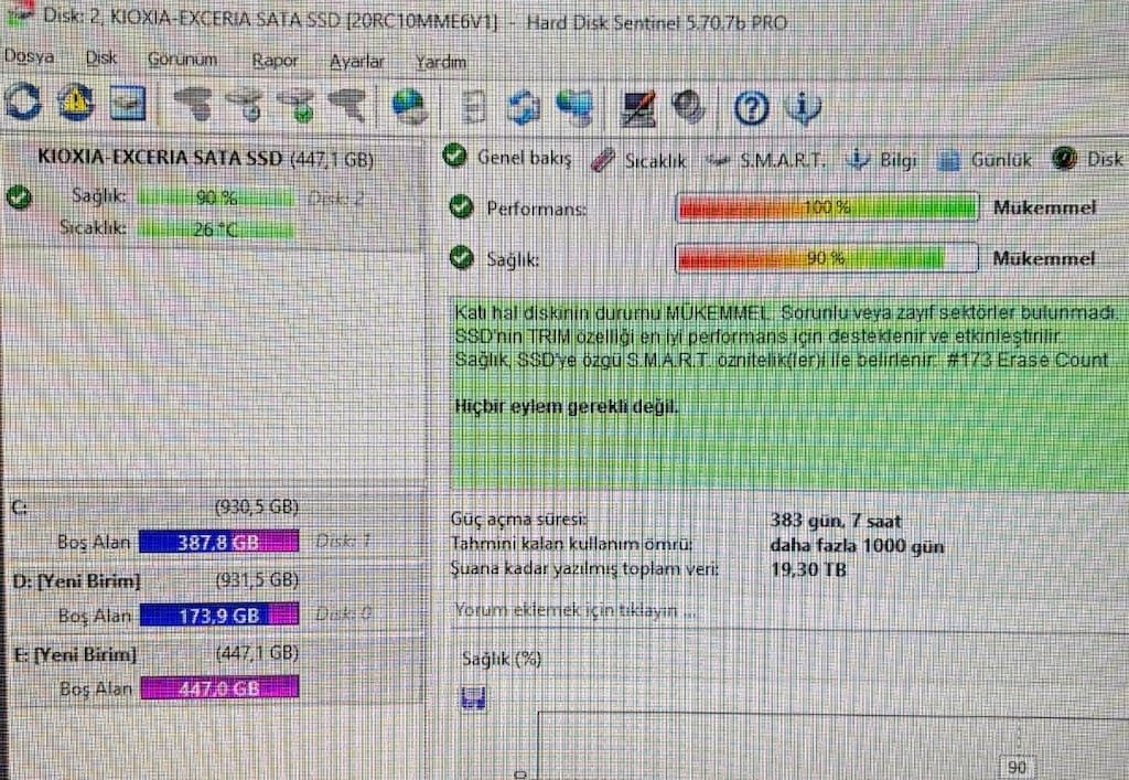 480GB KIOXIA EXCERİA SSD 555/540MB/S SAGLIK °/°90 ve PERFORMANS °/°100 - 3