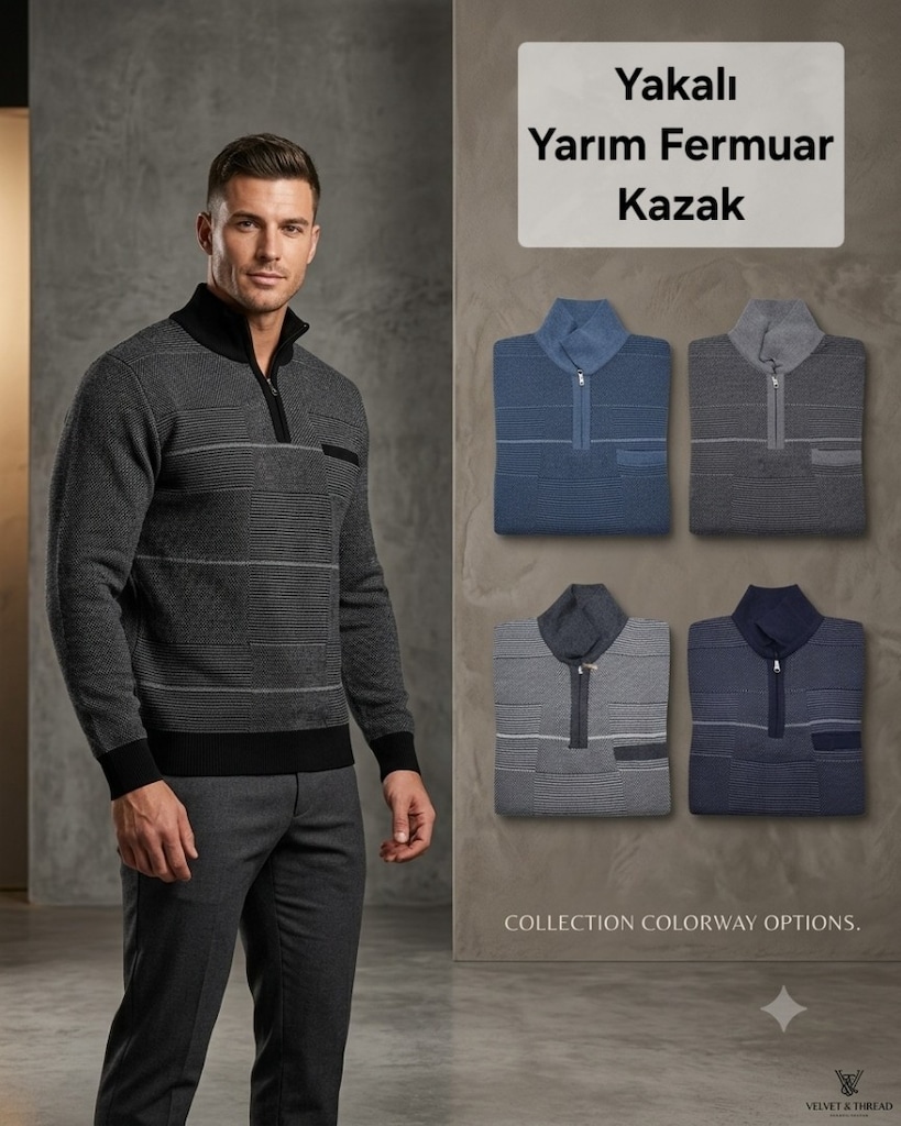 Toptan Yarım Fermuar Kazak - 2