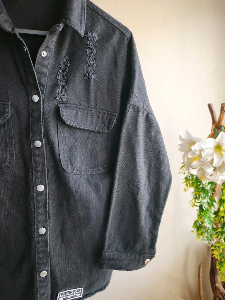 Siyah Yıpratmalı Armalı Denim Ceket Gömlek – L Beden - 6
